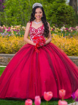 Ball Gown Appliques Beading Straps Red Tulle Quinceanera Dress