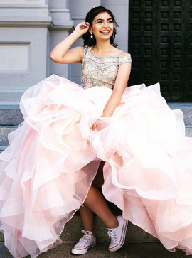 Ball Gown Off-the-Shoulder Pink  Beading Tulle Quinceanera Wedding Dress 