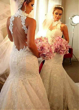 Beading See Through  Lace High Collar Mermaid Wedding Dress