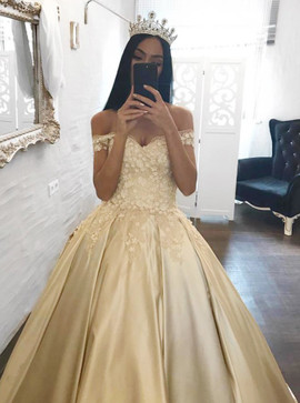 Appliques Ball Gown Off-the-Shoulder Silver Satin Quinceanera Dress