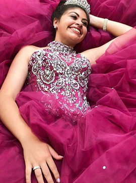 Ball Gown Jewel Fuchsia Beading Tiered Tulle Quinceanera Dress 