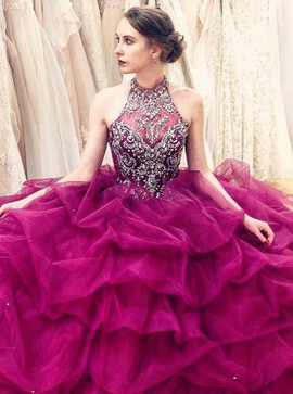 Ball Gown Jewel Fuchsia Beading Tiered Tulle Quinceanera Dress 
