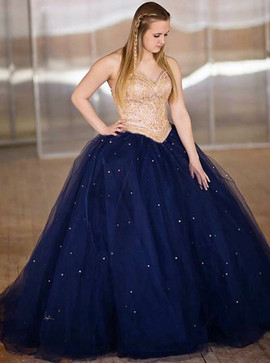 Ball Gown Beading Spaghetti Straps Navy Blue Quinceanera Dress