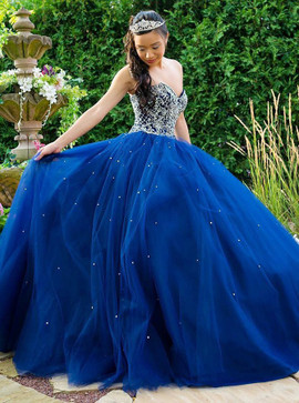 Beading Ball Gown Sweetheart Blue Tulle Quinceanera Dress