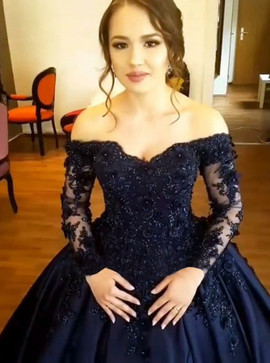 Ball Gown Off Shoulder Beading Appliques Dark Blue Satin Quinceanera Dress