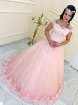  Off-the-Shoulder Pink Tulle Appliques Ball Gown Quinceanera Dress