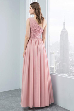 One Sholder Pink Chiffon Pleats Long Bridesmaid Dress