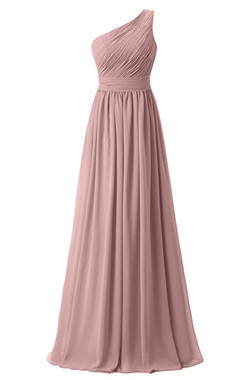 One Sholder Pink Chiffon Pleats Long Bridesmaid Dress