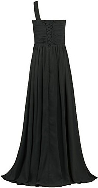 Pleat Black Chiffon One Shoulder Long Bridesmaid Dress