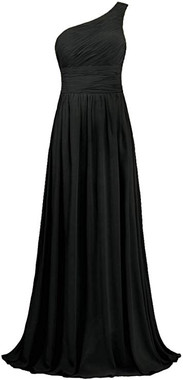 Pleat Black Chiffon One Shoulder Long Bridesmaid Dress