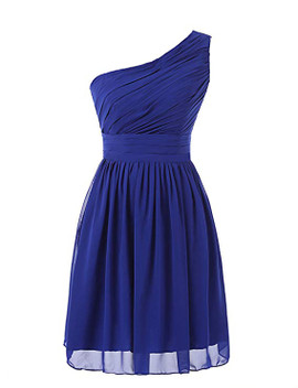 Short  One Shoulder Chiffon Blue Bridesmaid Dresses