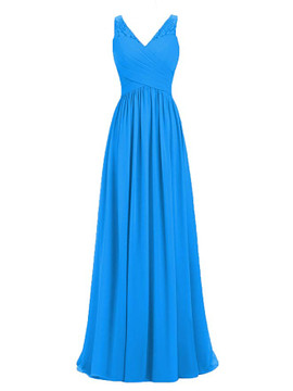 Mint A-line V-Neck Chiffon Long Empire Bridesmaid Dress