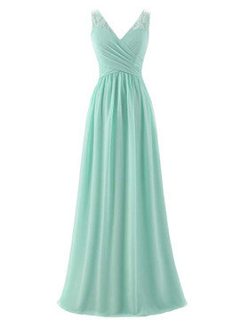Mint A-line V-Neck Chiffon Long Empire Bridesmaid Dress