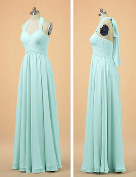 Mint Chiffon Halter A-Line Long Bridesmaid Wedding Guest Dress