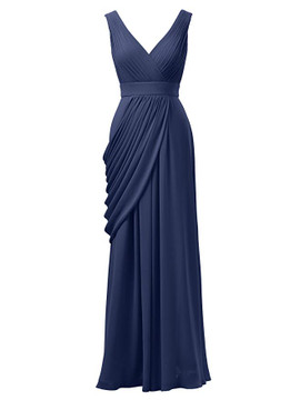 Blue Ruffle V Neck Chiffon Long Zipper Bridesmaid Dress