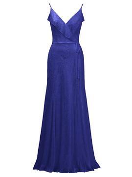 Blue Long V-Neck Spaghetti Lace Bridesmaid Dress