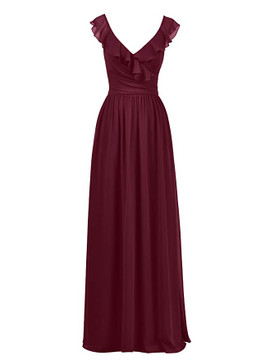 V-Neck Long Maxi Long Burgundy Bridesmaid Dress 
