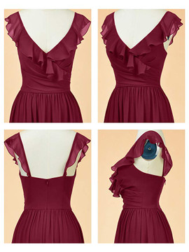 V-Neck Long Maxi Long Burgundy Bridesmaid Dress 