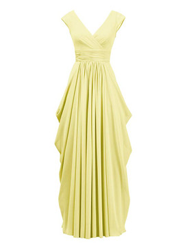  Ruched  Yellow Cape Sleeves  V-Neck Long Evening Bridesmaid Dress 