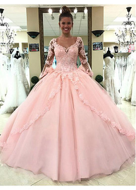 Beadings Pink Long Sleeves Tulle V-neck Floor-length Ball Gown Quinceanera Dress