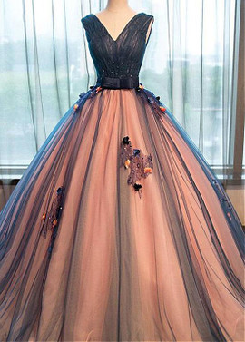 Tulle V-neck Blue Beading Handmade Flowers Ball Gown Quinceanera Dresses