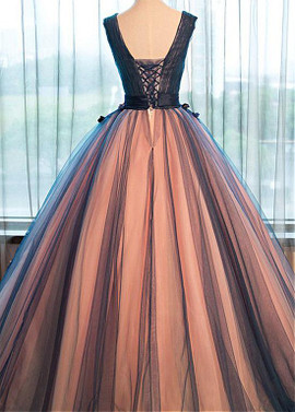Tulle V-neck Blue Beading Handmade Flowers Ball Gown Quinceanera Dresses