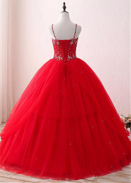 Spaghetti Straps Red Floor-length Ball Gown Quinceanera Dres
