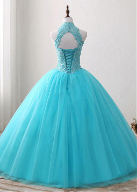 Light Blue Tulle High Collar Beading Ball Gown Quinceanera Dresses