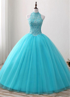 Light Blue Tulle High Collar Beading Ball Gown Quinceanera Dresses