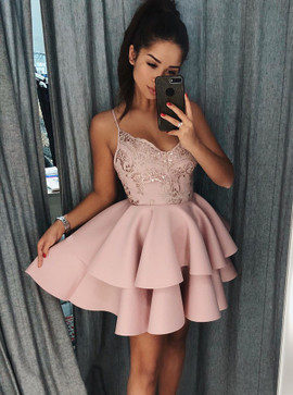 Pink Satin Spaghetti Straps Tiered Homecoming Dress with Sequins