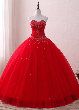 Tulle Sweetheart Beadings Red Ball Gown Quinceanera Dresses 