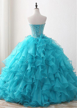 Beading Blue Organza Sweetheart Ball Gown Quinceanera Dresses