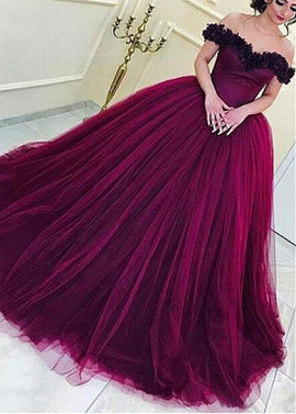 Tulle Off-the-shoulder Purple Ball Gown Evening Dress With Handmade Flowers