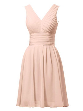 Pink  V-Neck Short A-Line Cocktail Party Chiffon Bridesmaid Dress 