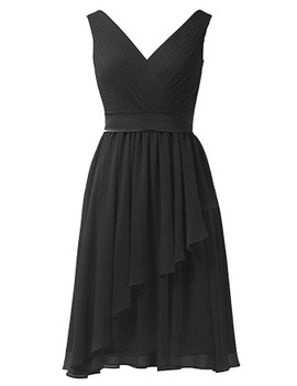 Red  Short Chiffon A-Line V-Neck Cocktail Bridesmaid Dress 