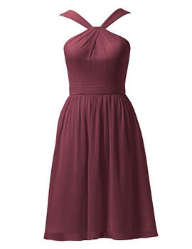 Yellow Knee Length Y-Neck Short Chiffon Bridesmaid Dress