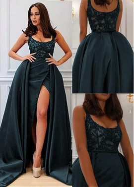Dark Green  Beading Tulle & Satin Scoop Prom Dresses With Embroidery