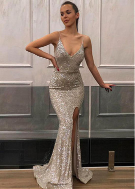 Sequin Lace Spaghetti Straps Silver Mermaid Evening Dresses