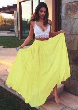 Chiffon Spaghetti Straps Yellow Floor-length A-line Prom Dress