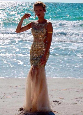 Champagne Tulle Bateau Beading Floor-length Mermaid Evening Dress