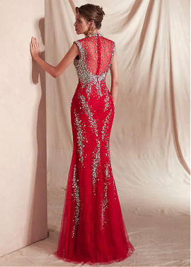 Lace High Collar Cap Sleeves Red Mermaid Evening Dress With Beadings