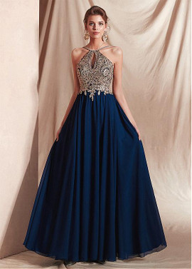 Chiffon Halter Neckline Blue  A-line Evening Dresses With Appliques