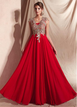 Chiffon V-neck Red Cap Sleeves A-line Evening Dresses With Embroidery