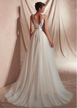 Tulle V-neck White  A-line Evening Dresses With Appliques