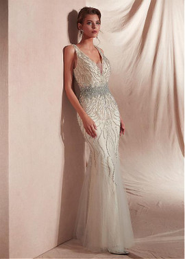 Tulle V-neck Red Mermaid Evening Dresses With Beadings