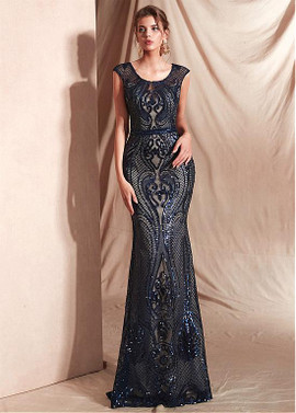 Embroidery Lace Scoop Sexy Cap Sleeves Sheath/Column Evening Dresses