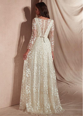  Lace & Tulle Scoop Long Sleeves White  A-line Prom Dresses With Beadings