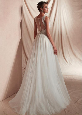 White  Lace & Tulle V-neck Neckline A-line Prom Dresses