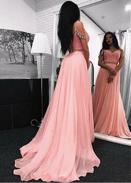 Chiffon Sweetheart Beadings Pink  Floor-length A-line Prom Dress