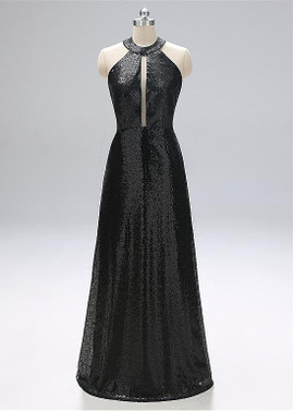 Black Sequin Halter Sheath/Column Evening Dresses